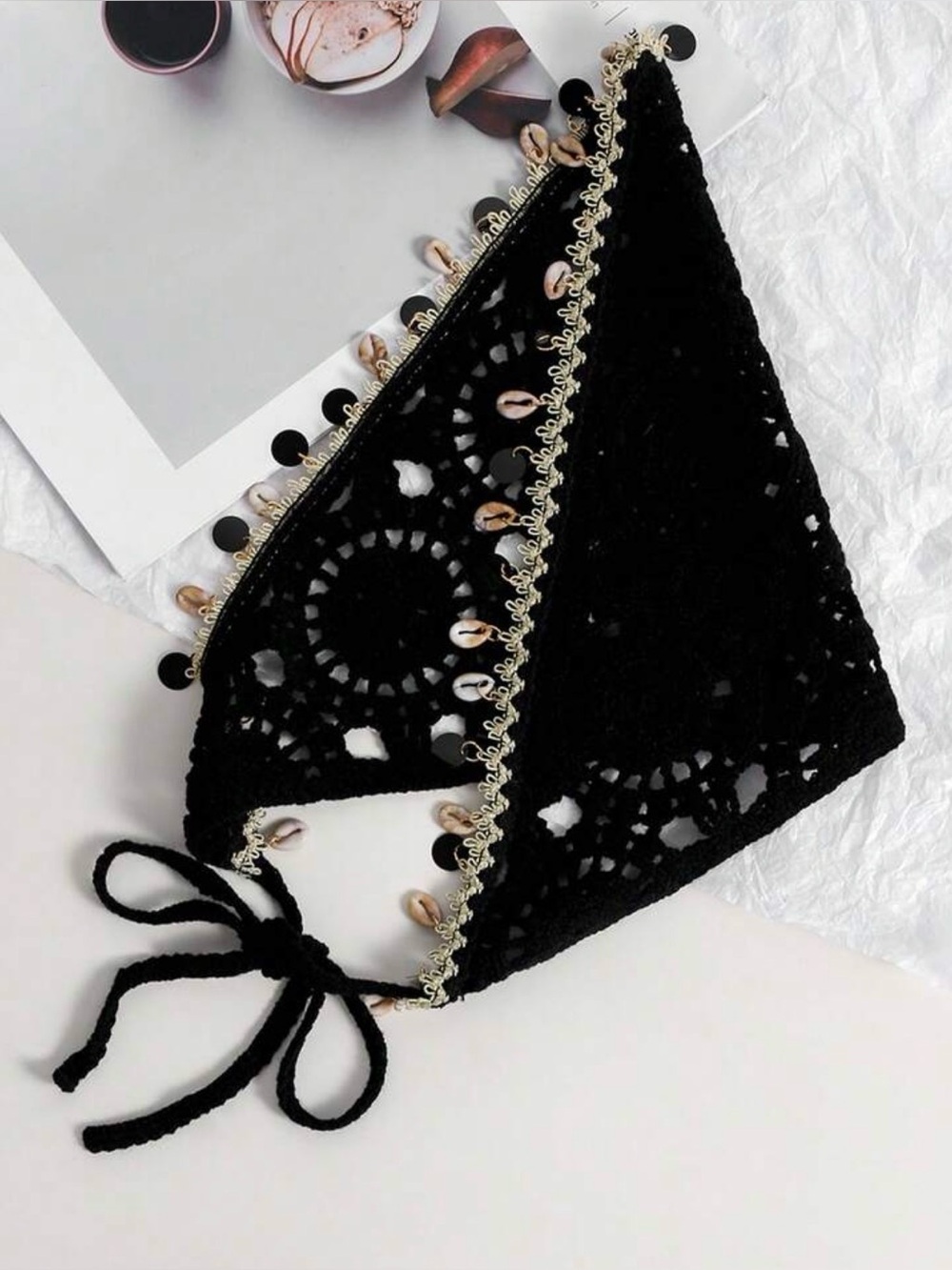 Boho Black Crochet Triangle Head Scarf Shell Charm Trim Beach Festival Bandana - Picture 2 of 9